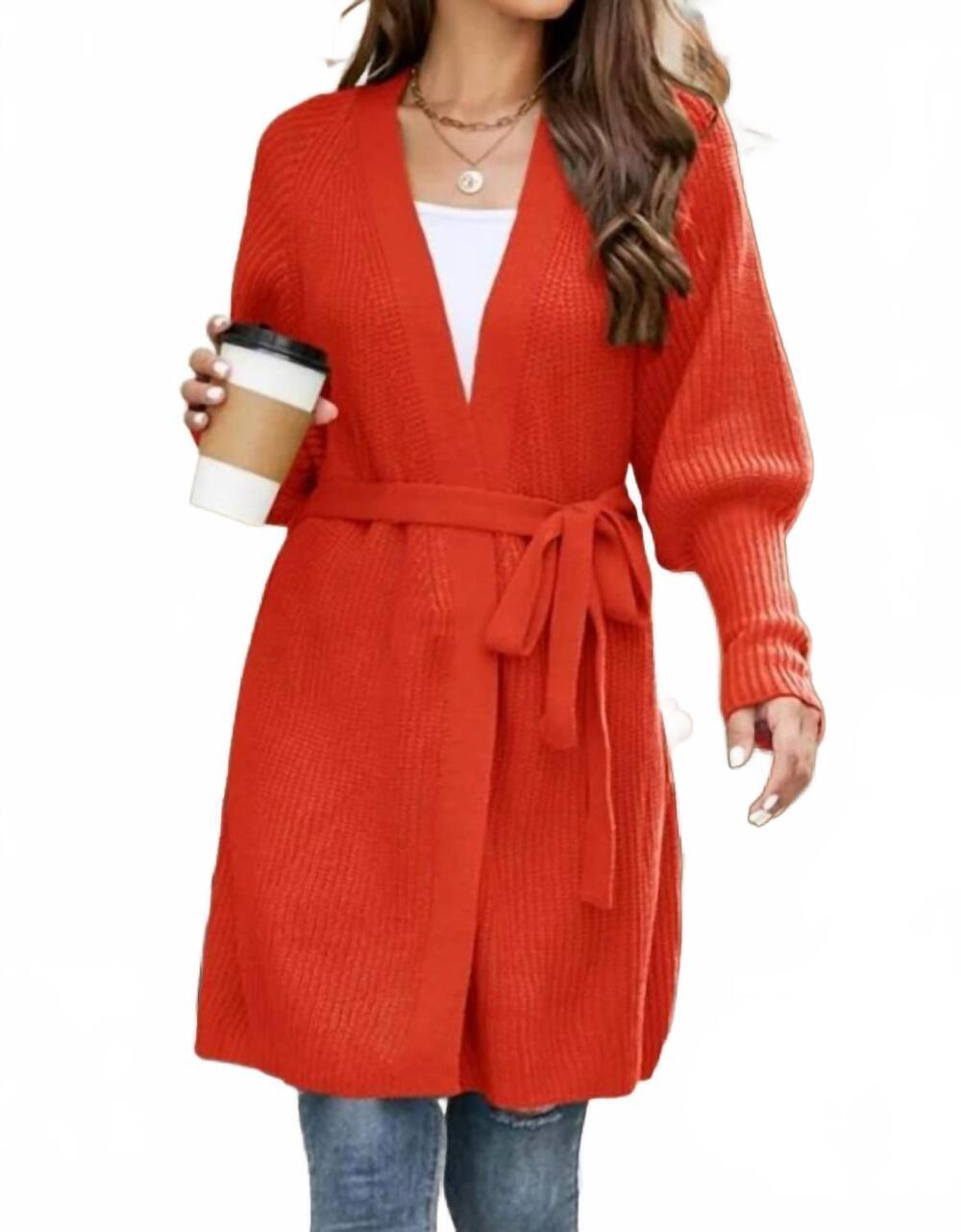 NEW LILY CLOTHING women's fitted rib cuff open front knit cardigan in orange